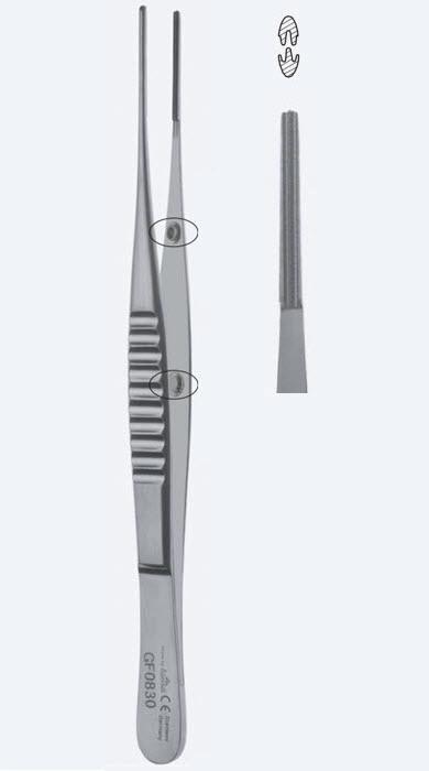 Пінцети атравмат для тканин Anti-Cross із Safety Pin та Press Stopper зубці De Bakey прямі кінч 2 мм, довж 300 мм. Бренд - Asanus Medizintechnik Gmb, Німеччина